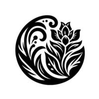 Elegant Black and White Floral Emblem A stylized lotus and foliate within a circular frame, showcasing symmetry and minimalism. vector