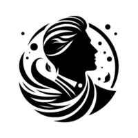 Elegant black and white silhouette of a person in profile within a circle, surrounded by stylized organic shapes and dots. vector