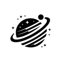 A minimalist black and white illustration of a striped planet with orbiting ring, stars and a small celestial body. vector