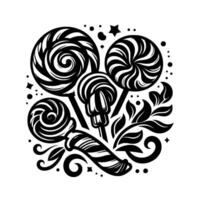 Black and white lollipop swirl arrangement with whimsical star and dot accents, adorned with floral embellishments. vector