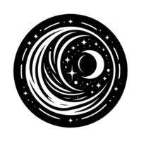 Celestial Circular Design A Monochrome Illustration Featuring Crescent Moon, Stars, and Swirling Lines within a Bold Black Circle. vector