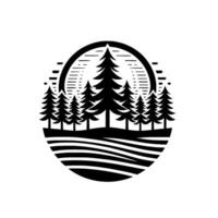 Stylized black and white illustration featuring a forest of pine trees enclosed within a circular frame with horizontal lines forming a stylized landscape base. vector