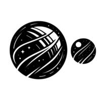 Black and white illustration of two celestial spheres, a larger planetlike shape with linear patterns, stars and a smaller sphere with a moon. vector