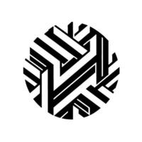 A geometric, abstract composition within a circle interlocking black and white linear elements creating a dynamic pattern on a plain white backdrop. vector