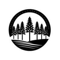 Black and white minimalist circular featuring silhouette of a pine tree forest in a landscape with dots at the top. vector