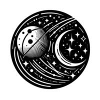 Abstract Black White Cosmic Illustration Planet Crescent Moon in a Circular Stellar Composition. vector