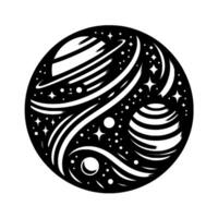 Stylized Black and White Celestial Illustration Planets, Stars, and Swirls Within a Circle, Showcasing Cosmic Harmony and a Retro Design. vector