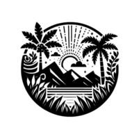 Black and white circular illustration depicting a tropical landscape with mountains, palms, sunrise, and foliage. vector
