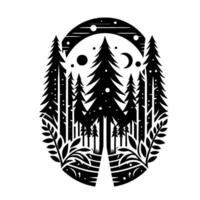 Black and white forest illustration with coniferous trees, moon, stars, foliage, and decorative oval border. vector