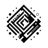 Geometric black and white abstract composition featuring a central square maze, surrounded by smaller shapes and dots. vector