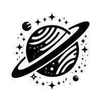 Stylized Black and White Cosmic Illustration of a Ringed Planet with Asterisks and Dots Emitting a Minimalist, Celestial Aesthetic. vector