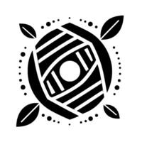 Geometric Black and White Mandala with Stripped Center, Dot Border, and Leaf Accents on a White Background. vector