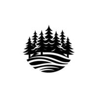Stylized Black White Evergreen Trees Silhouette Set Against a Circular Wavy Landscape on White Backdrop. vector