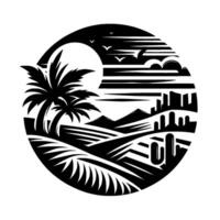 Monochromatic Circular Landscape Palm Trees, Desert, and Birds, Black and White Silhouette with Sun and Geometric Composition. vector