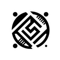 Geometric black and white featuring a central stylized G shape within a circular frame, punctuated by small dots and lines. vector