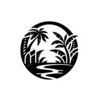 Minimalist Tropical Paradise Black and White Circular with Palm Trees, Water, and Island Silhouette. vector