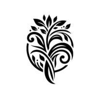 Intricate Black and White Floral Emblem Design, Featuring Leafy Branches, Swirls, and a Circular Frame on a Clean White Background. vector