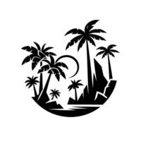 Black and white island scene with palm trees, sun, rocks, and water, framed in a circular design. vector