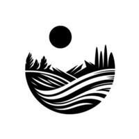 A minimalist black and white landscape emblem featuring rolling hills, a stylized sun, and silhouette trees within a rounded border. vector