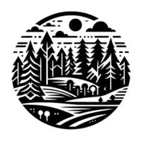 Stylized monochrome forest landscape within a circle, featuring pine trees, sun, clouds, and rolling hills with minimalistic detail. vector