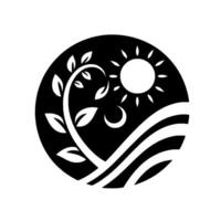 Abstract black and white circular featuring a plant with leaves, sun with rays, crescent moon, and stylized waves. vector