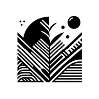 Geometric Black and White Composition with stylized plant life, featuring symmetrical patterns, organic forms, and celestial elements. vector