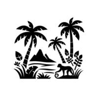 Black and White Tropical Scene Palm Trees, Monkey, Mountain, and Lush Vegetation Silhouette vector