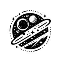 Stylized Black and White Space Illustration with Planets, Stars, and Rings, Within Circular Composition. vector