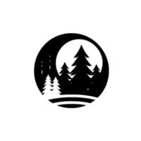 Silhouette of pine trees and falling stars under a crescent moon within a circular, minimalist black and white composition. vector