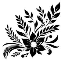 Elegant monochrome floral with central flower, stylized leaves, and decorative sprigs forming a corner arrangement, set against a white backdrop. vector