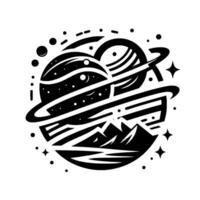 Abstract Illustration of a Celestial Landscape Featuring Planets, Rings, Stars, and Mountains vector