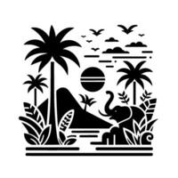 Minimalist Black and White Illustration of an Elephant in a Tropical Landscape with Palm Trees, Birds, and Sun. vector