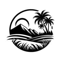 Silhouette Black and White Round Landscape, Depicting Palm Trees, Mountains, and Lush Grass in a Tropical Island Setting. vector