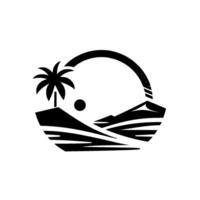 Geometric black and white of a tropical landscape featuring a palm tree on a hill, mountains, sun, and an arc. vector