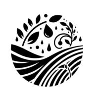 Black and white circular depicting agriculture, with rain falling on crops and leaves, symbolizing growth and sustainability. vector