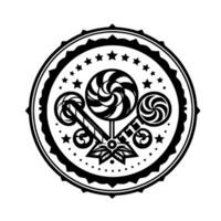 Black and white circular emblem featuring stylized lollipops, stars, and decorative elements, resembling a vintage candy shop logo. vector