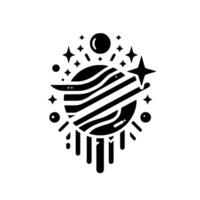 Black and white minimalist illustration of a planet with stripes, star, and starlike elements. vector