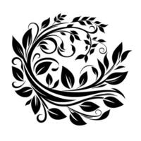 Circular black botanical illustration with stylized leaves, vines, and decorative curls on a white background. vector