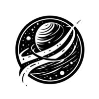 Black White Circular Space Illustration Ringed Planet, Stars, and Orbits in a Minimalist on White Backdrop. vector