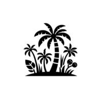 Stylized Black White Tropical Island Scene Featuring Palm Trees, Plants, Grass, and Mushroom Shapes, on a White Background. vector