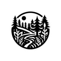 Black and white circular nature scene winding path through forest with trees, leaves, and sun on white background. vector