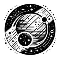 Intricate Black and White Circular Cosmic Illustration Featuring Planets, Stars, and Geometric Lines, Representing Celestial Harmony. vector