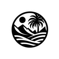 Circular Black and White Island Paradise with Mountains, Palm Tree, Sun, and Ocean Waves, a Minimalist Design. vector