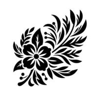 A bold, black floral emblem, showcasing a stylized bloom amidst intricate leaf arrangements and small fruit clusters, against a clean white background. vector