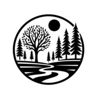 A black and white circular featuring a detailed tree, a meandering river, a stylized sun, and several pine trees, creating a serene landscape composition. vector