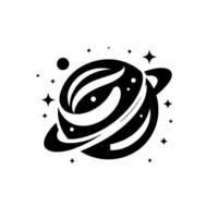 Stylized Black and White Planet with Rings, Stars, and Floating Orb Simple and Clean Space Design. vector