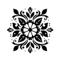 Symmetrical Black and White Floral Mandala with Leafy Elements and Dot Accents, centered on white. vector