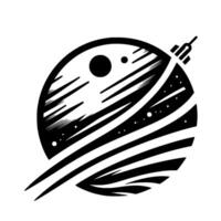 A monochromatic minimalist depiction of a stylized planet with planetary features and a spacecraft. vector