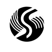 A stylized, threedimensional features a bold black S shape intertwined with black and white striped segments, set within a sphere. vector