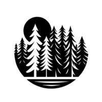 Black and white minimalist illustration of a forest silhouette with moon, set within a circle, flat style. vector